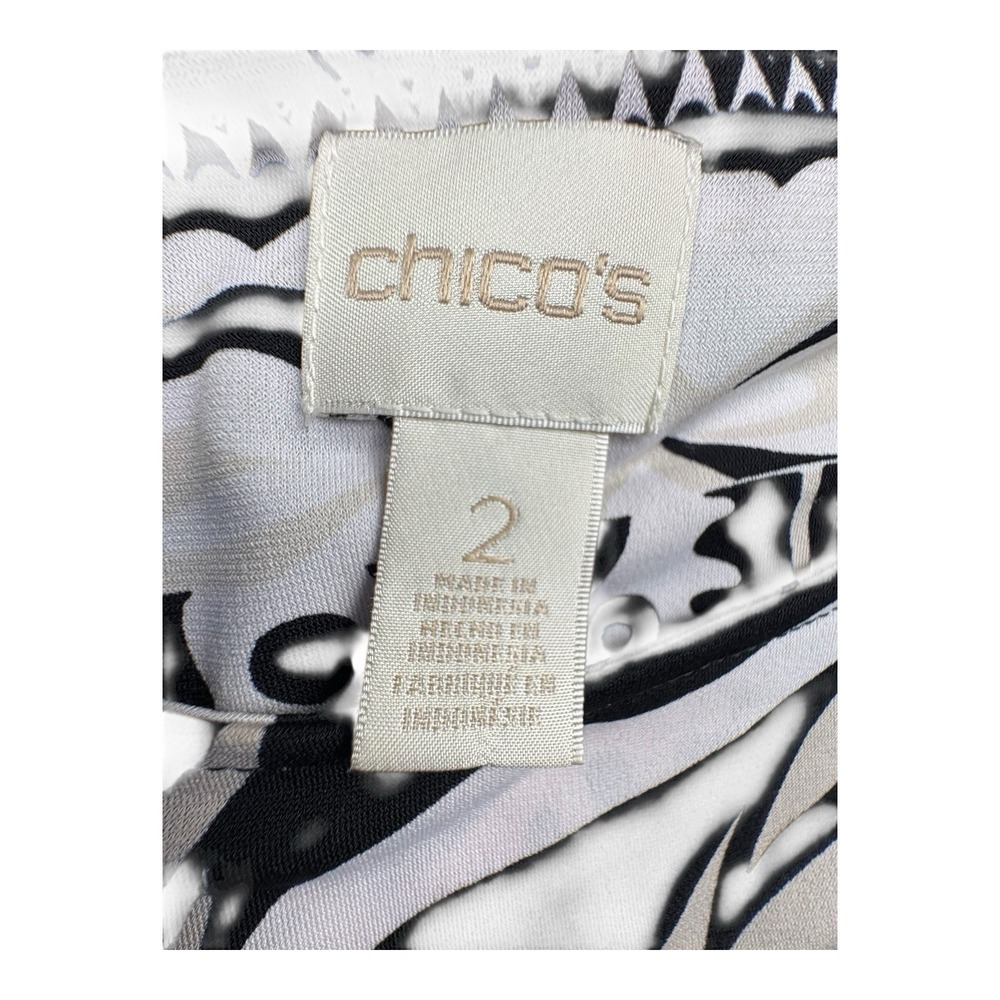 Chico's Size 2 Black Beige‎ Asymmetrical Hem Tunic Top Short Sleeve Stretch - Picture 3 of 8